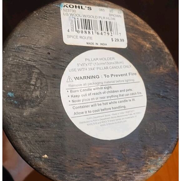 Wooden Candlestick Holder Column 15" Tall Dark wood Gold for 3" pillar candle - Picture 9 of 9